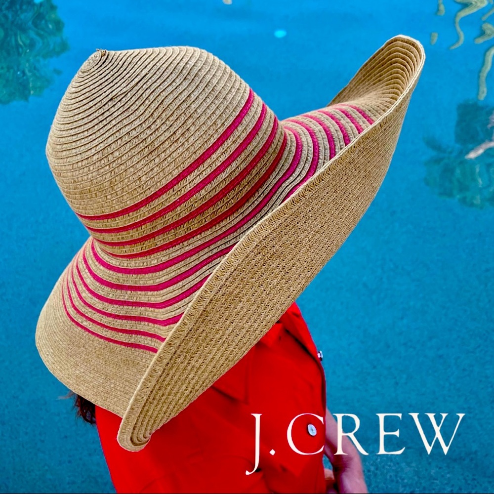 J.CREW☀️Camel Tan/Red Wide Brim Packable Paper Straw Floppy Sun Hat